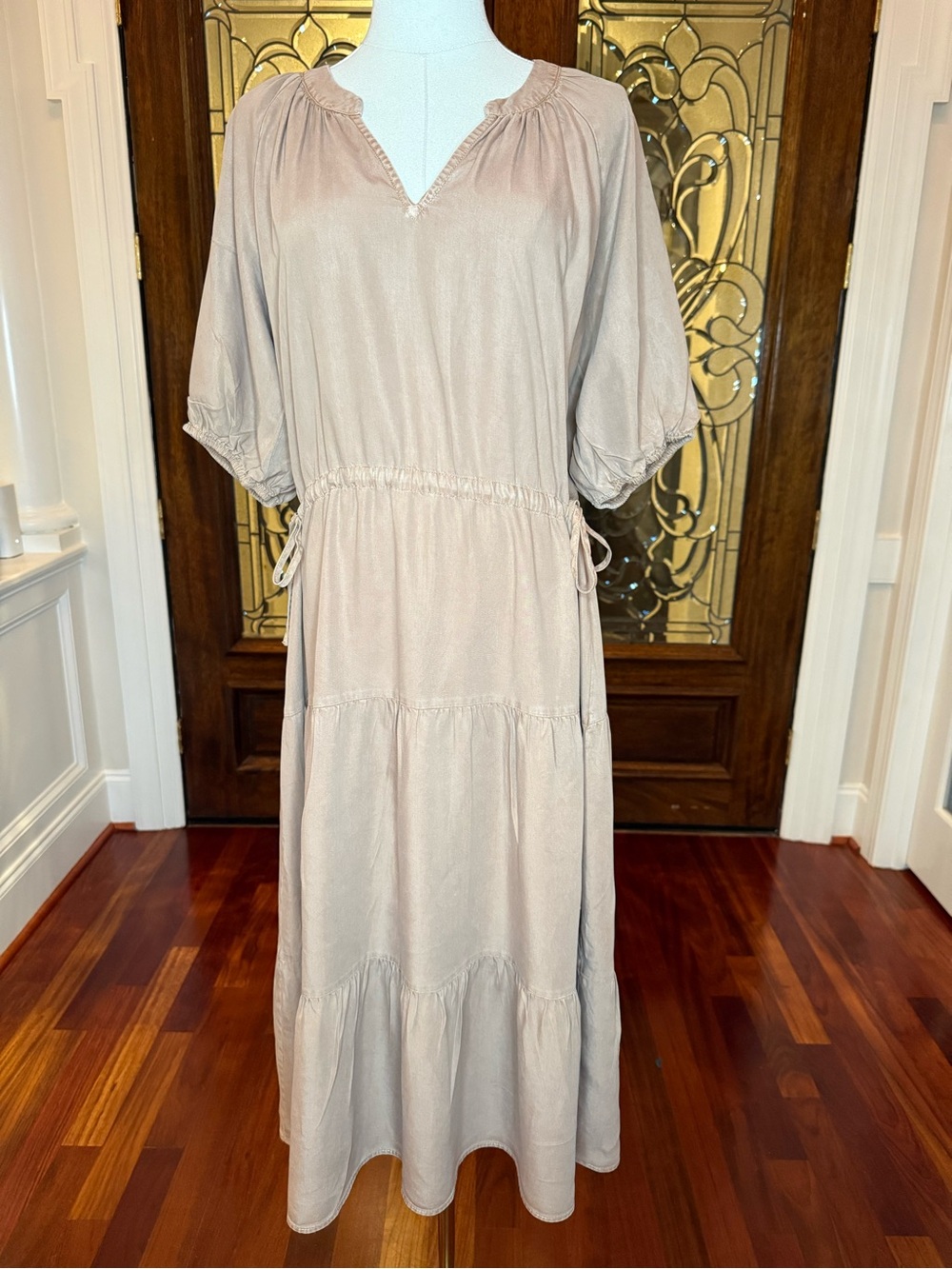 Velvet Heart 100% Tencel Camel Tiered Maxi Dress Adjustable Drawstring Size L